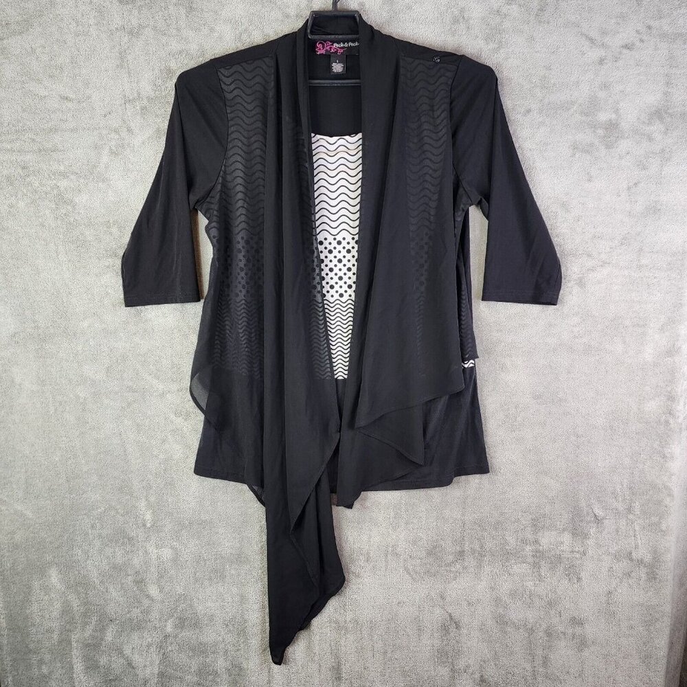 Womens Peck & Peck Black Chiffon Cardigan Vest w/ built in shirt Top Size L